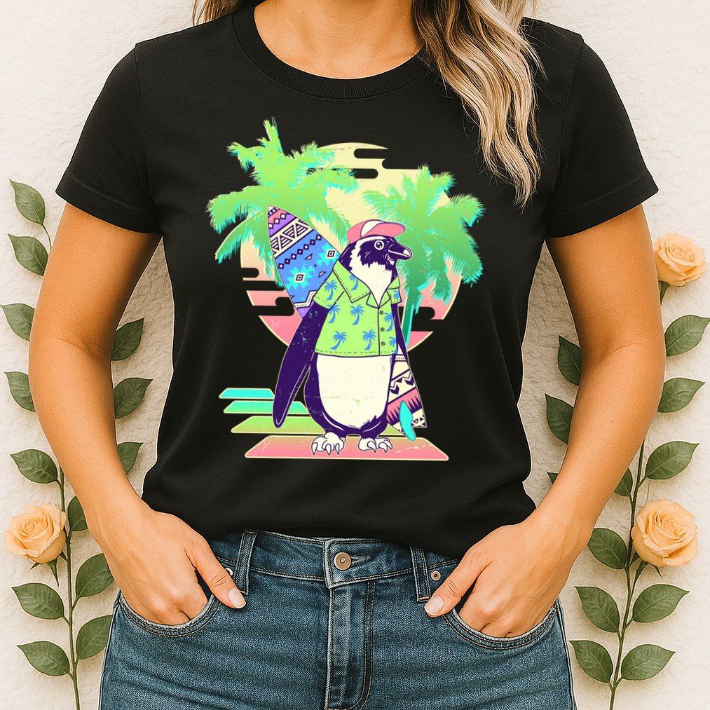 Retro 80's Tropical Surfer Penguin Womens T-Shirt