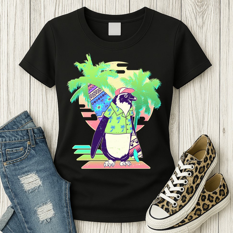 Retro 80's Tropical Surfer Penguin Womens T-Shirt