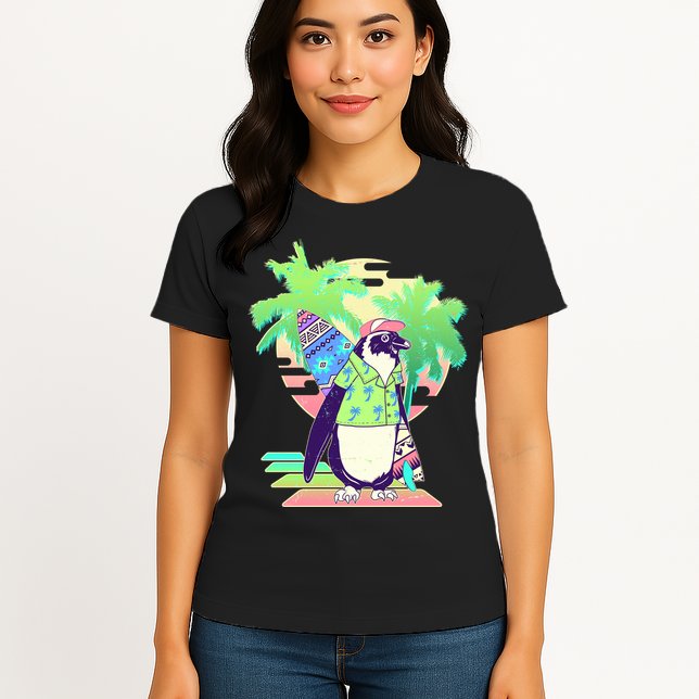 Retro 80's Tropical Surfer Penguin Womens T-Shirt