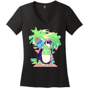 Retro 80's Tropical Surfer Penguin Women's V-Neck T-Shirt