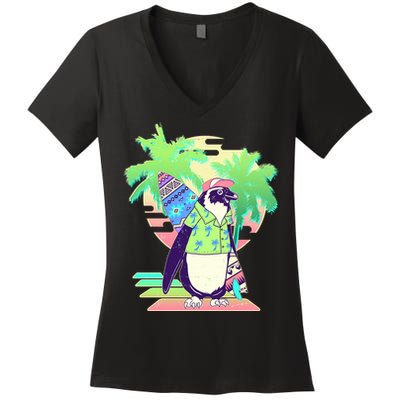 Retro 80's Tropical Surfer Penguin Women's V-Neck T-Shirt