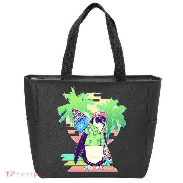 Retro 80's Tropical Surfer Penguin Zip Tote Bag