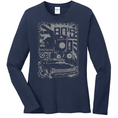 Retro 80's Vintage Classic Car Boombox Graphic Ladies Long Sleeve Shirt