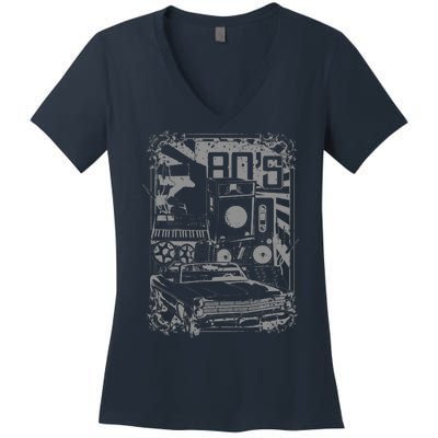 Retro 80's Vintage Classic Car Boombox Graphic Women's V-Neck T-Shirt