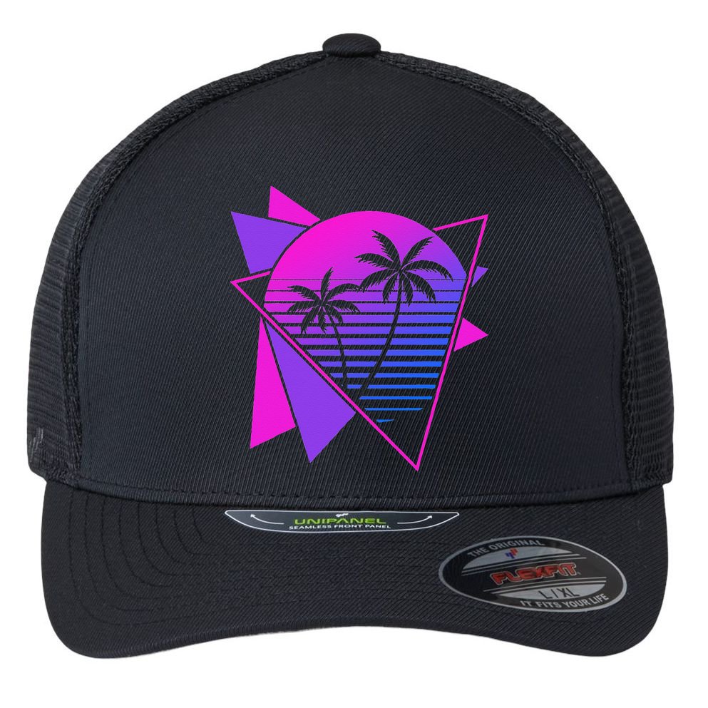 Retro 80s Vaporwave Aesthetic Palm Trees 90s Art Vaporwave Flexfit Unipanel Trucker Cap