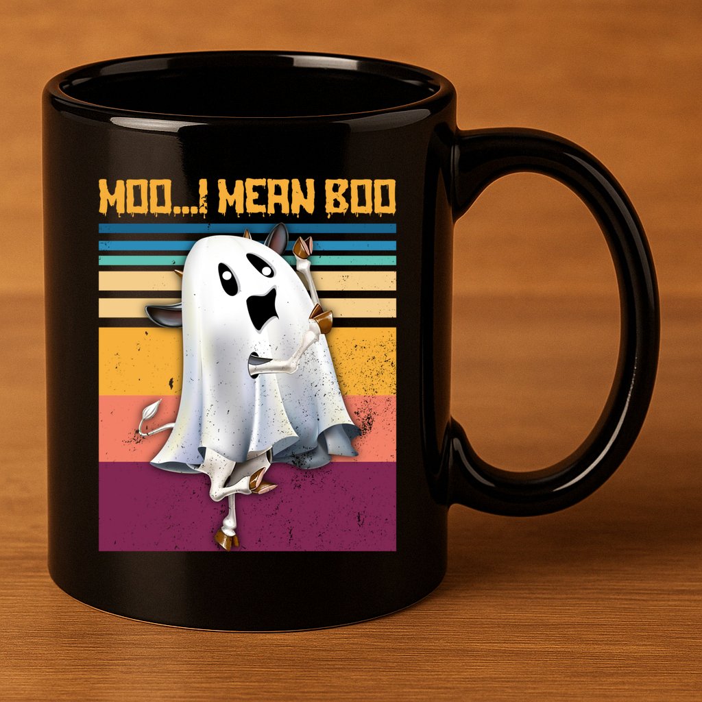 Retro 90s Ghost Cow Moo I Mean Boo Halloween Cow Lover Gift 11oz C Handle Ceramic Mug