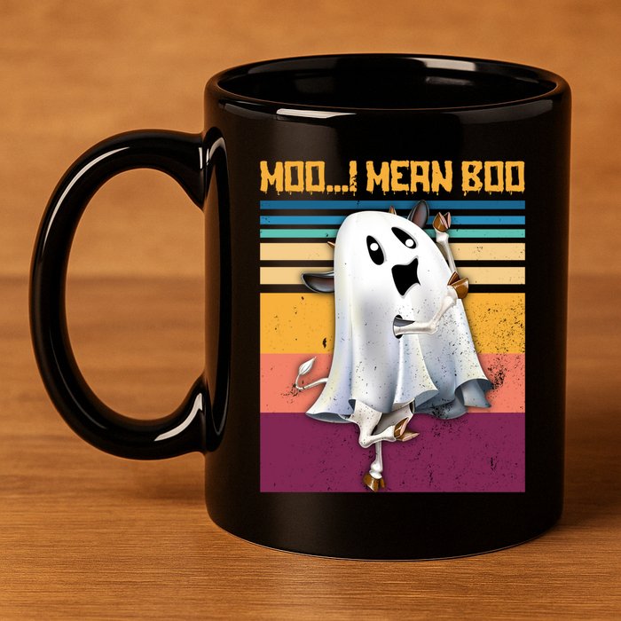 Retro 90s Ghost Cow Moo I Mean Boo Halloween Cow Lover Gift 11oz C Handle Ceramic Mug