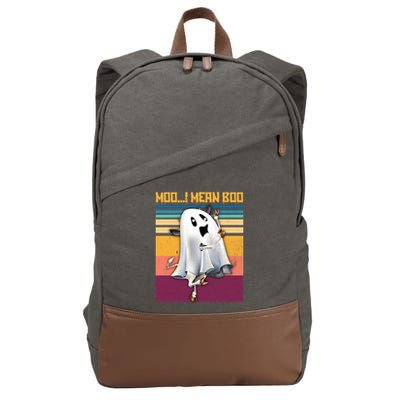 Retro 90s Ghost Cow Moo I Mean Boo Halloween Cow Lover Gift Cotton Canvas Backpack