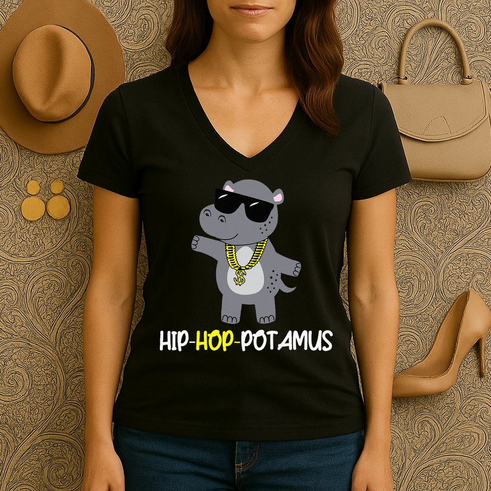 Rap 90s Hip Hop Hippo Cute Hippopotamus Zoo Animal Gift Women's V-Neck T-Shirt