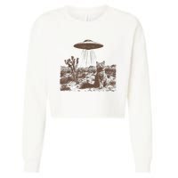 Retro 90s Western Vintage Ufo Cowboy Cat Wild West Kitten Cropped Pullover Crew