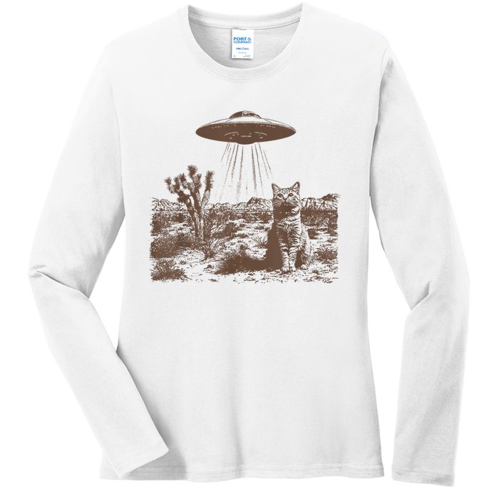 Retro 90s Western Vintage Ufo Cowboy Cat Wild West Kitten Ladies Long Sleeve Shirt