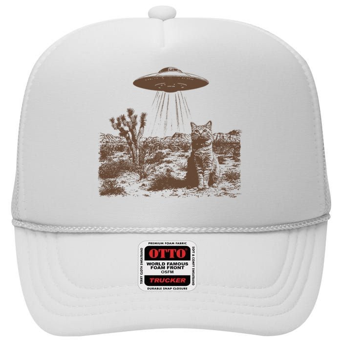 Retro 90s Western Vintage Ufo Cowboy Cat Wild West Kitten High Crown Mesh Back Trucker Hat