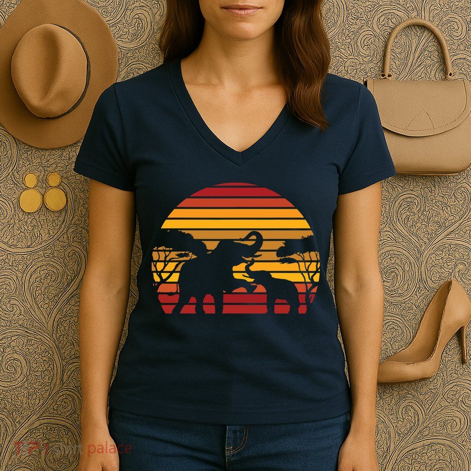 Retro Africa Animal Zoo Keeper Gift Safari Sunset Elephant Women's V-Neck T-Shirt