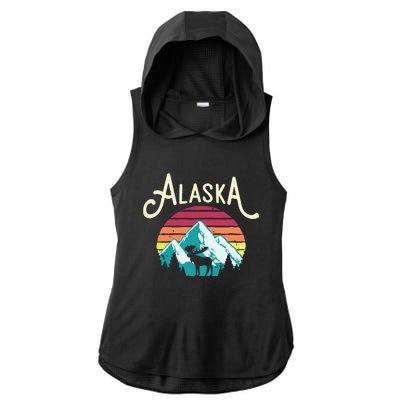 Retro Alaska Ak Juneau Mountains Wildlife Moose Ladies PosiCharge Tri-Blend Wicking Draft Hoodie Tank