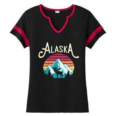 Retro Alaska Ak Juneau Mountains Wildlife Moose Ladies Halftime Notch Neck Tee