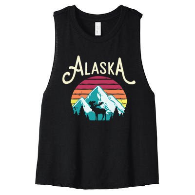 Retro Alaska Ak Juneau Mountains Wildlife Moose Women's Racerback Cropped Tank