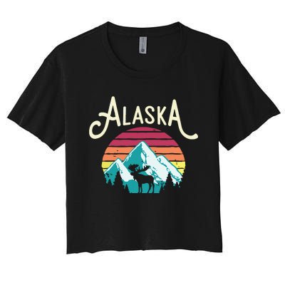 Retro Alaska Ak Juneau Mountains Wildlife Moose Women's Crop Top Tee