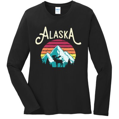 Retro Alaska Ak Juneau Mountains Wildlife Moose Ladies Long Sleeve Shirt