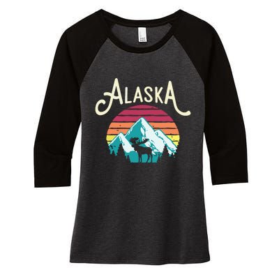 Retro Alaska Ak Juneau Mountains Wildlife Moose Women's Tri-Blend 3/4-Sleeve Raglan Shirt