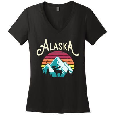 Retro Alaska Ak Juneau Mountains Wildlife Moose Women's V-Neck T-Shirt