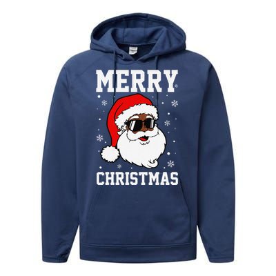 Retro African American Santa Claus Sunglasses Christmas Pj Performance Fleece Hoodie