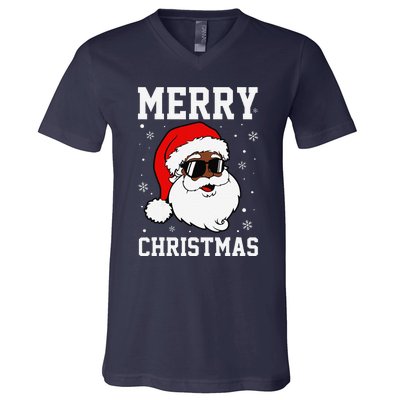 Retro African American Santa Claus Sunglasses Christmas Pj V-Neck T-Shirt