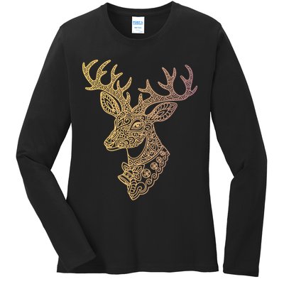Reindeer Abstract Art Holiday Ladies Long Sleeve Shirt