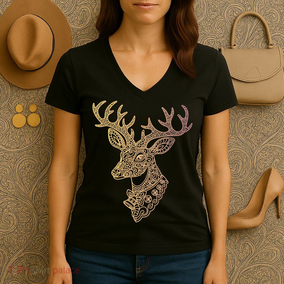 Reindeer Abstract Art Holiday Women's V-Neck T-Shirt