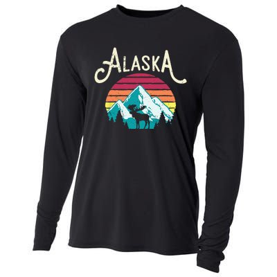 Retro Alaska AK Juneau Mountains Wildlife Moose Cooling Performance Long Sleeve Crew