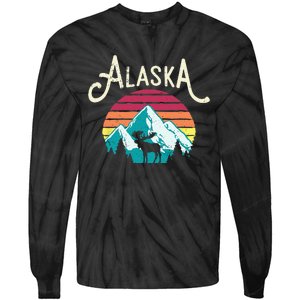 Retro Alaska AK Juneau Mountains Wildlife Moose Tie-Dye Long Sleeve Shirt