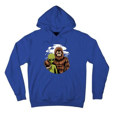 Retro Alien And Bigfoot Sasquatch UFO Believer Tall Hoodie