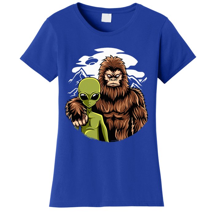 Retro Alien And Bigfoot Sasquatch UFO Believer Women's T-Shirt