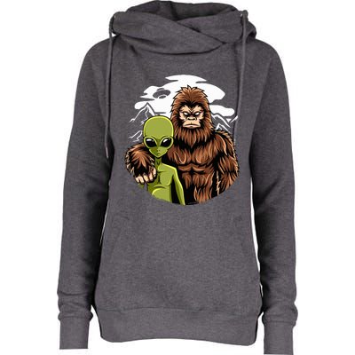 Retro Alien And Bigfoot Sasquatch UFO Believer Womens Funnel Neck Pullover Hood