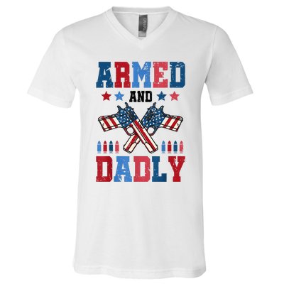 Retro Armed And Dadly FatherS Day Dad 4th Of July Usa Flag V-Neck T-Shirt