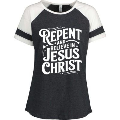 Repent And Believe In Jesus Christ Spiritual Faith Gift Enza Ladies Jersey Colorblock Tee