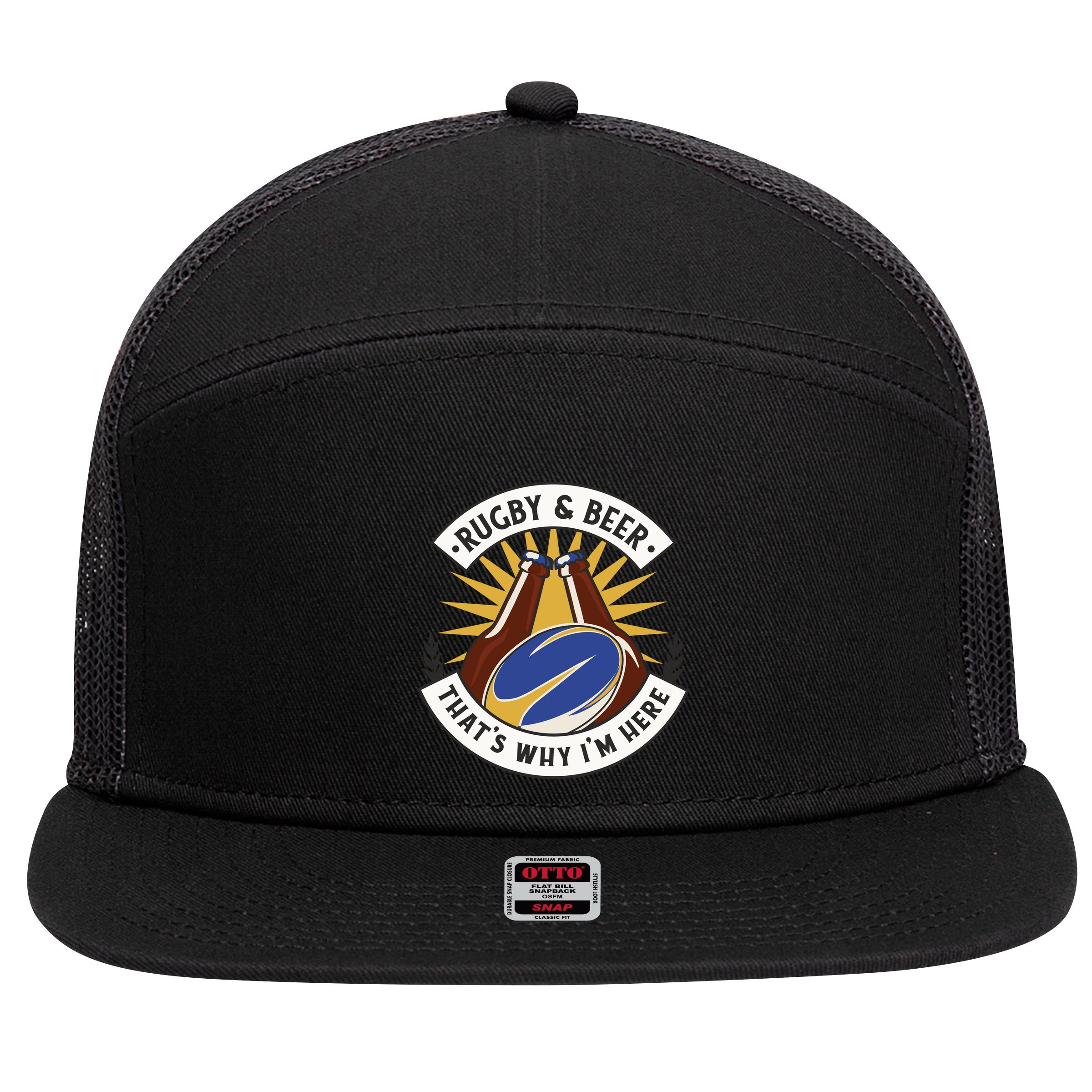 Rugby And Beer That's Why I'm Here 7 Panel Mesh Trucker Snapback Hat