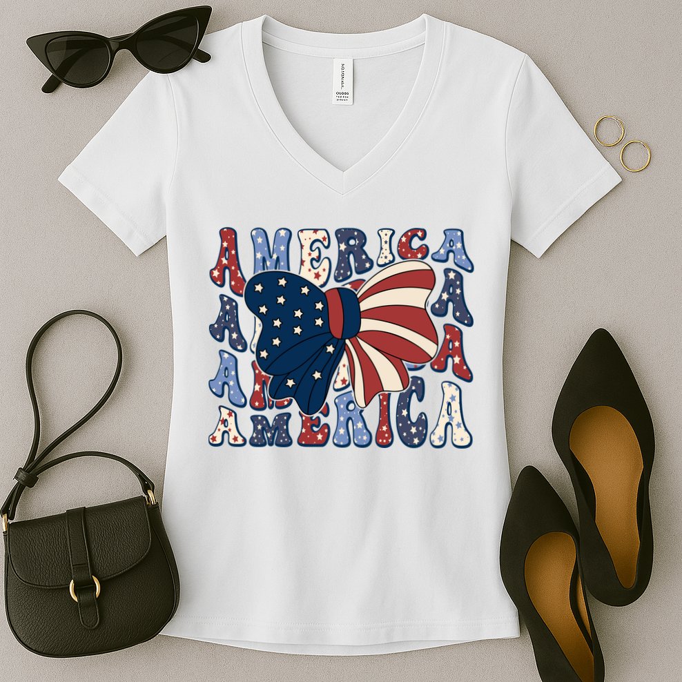 Retro America Bow USA 4th Of July Women's V-Neck T-Shirt