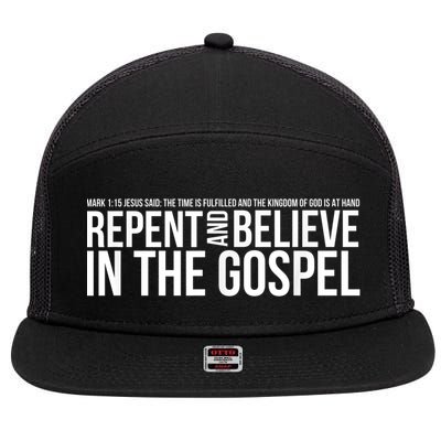 Repent And Believe In The Gospel Christian Bible 7 Panel Mesh Trucker Snapback Hat