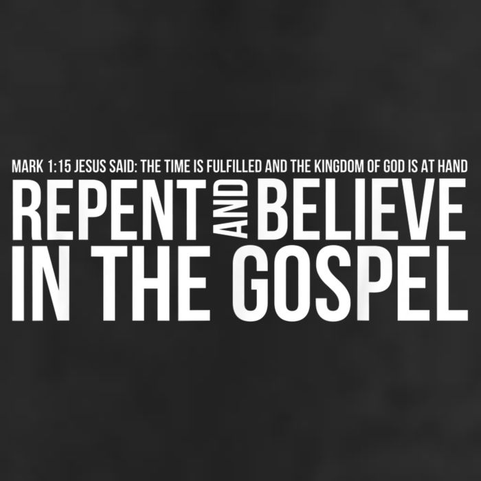 Repent And Believe In The Gospel Christian Bible 7 Panel Mesh Trucker Snapback Hat