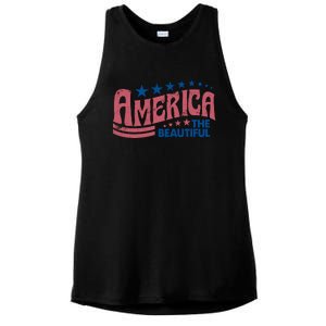 Retro America Beautiful 4th Of July Fourth Of July Patriotic USA Ladies PosiCharge Tri-Blend Wicking Tank