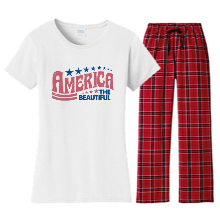 Retro America Beautiful 4th Of July Fourth Of July Patriotic USA Women's Flannel Pajama Set