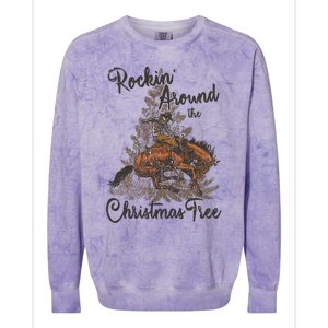 Rockin Around Christmas Tree Cow Retro Xmas Western Rodeo Gift Colorblast Crewneck Sweatshirt