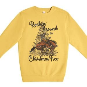 Rockin Around Christmas Tree Cow Retro Xmas Western Rodeo Gift Premium Crewneck Sweatshirt