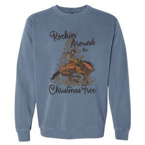 Rockin Around Christmas Tree Cow Retro Xmas Western Rodeo Gift Garment-Dyed Sweatshirt