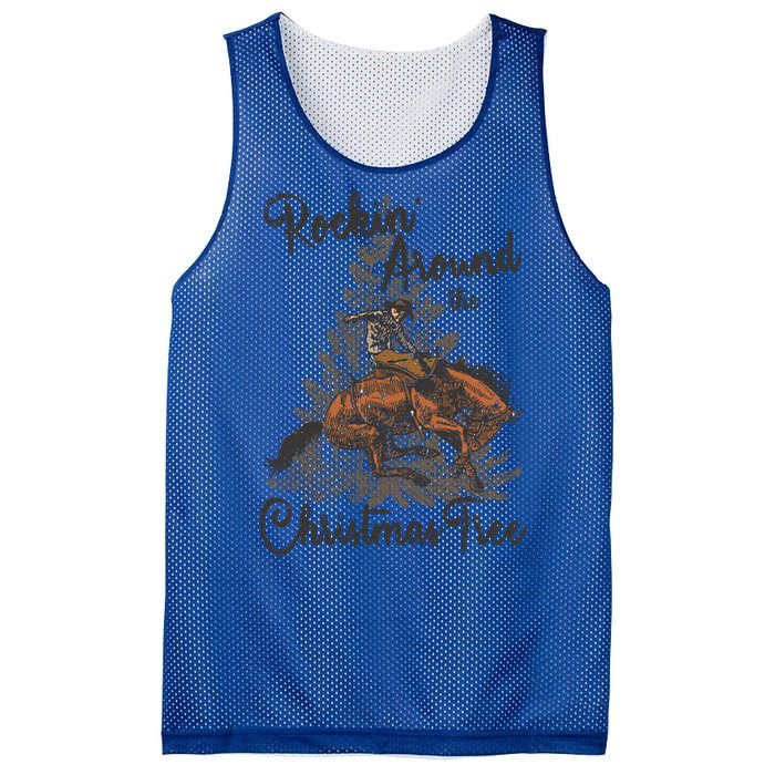 Rockin Around Christmas Tree Cow Retro Xmas Western Rodeo Gift Mesh Reversible Basketball Jersey Tank