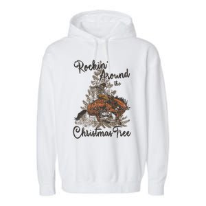 Rockin Around Christmas Tree Cow Retro Xmas Western Rodeo Gift Garment-Dyed Fleece Hoodie