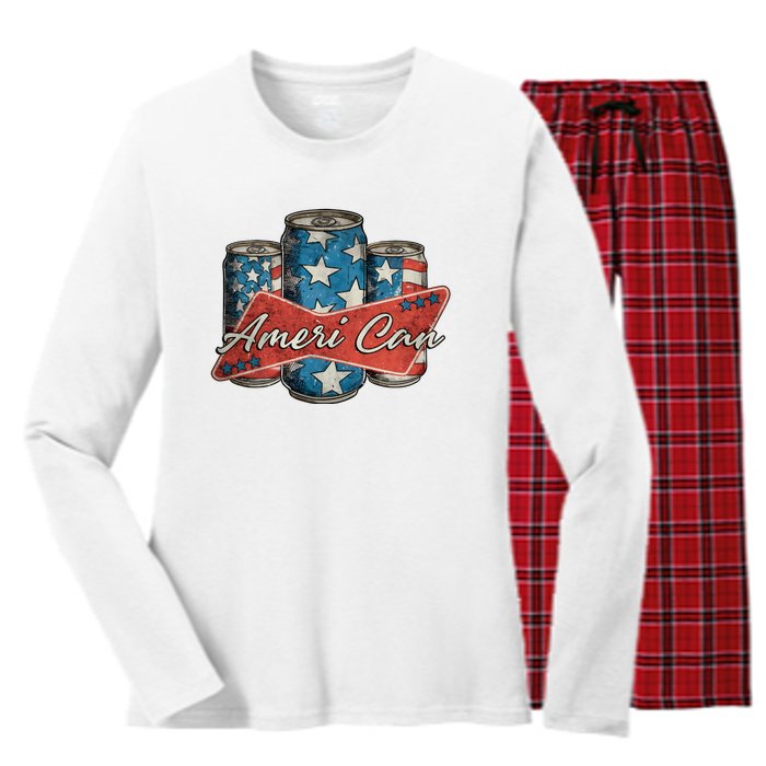 Retro Ameri Can America Flag 4th Of July Independence Day Women's Long Sleeve Flannel Pajama Set 