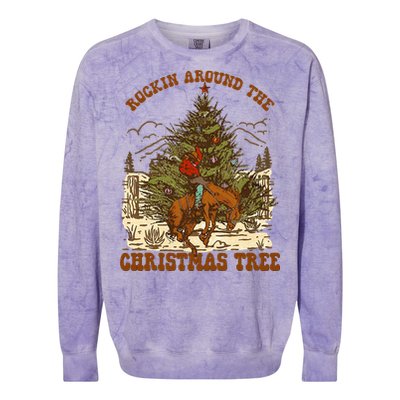 Rockin Around Christmas Cowboy Tree Santa Ride Horse Pajama Colorblast Crewneck Sweatshirt