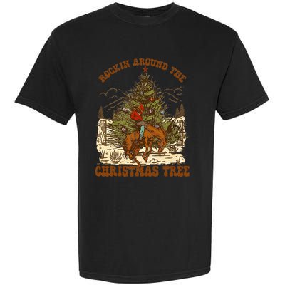 Rockin Around Christmas Cowboy Tree Santa Ride Horse Pajama Garment-Dyed Heavyweight T-Shirt