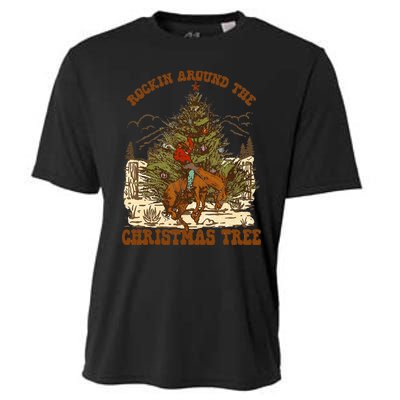 Rockin Around Christmas Cowboy Tree Santa Ride Horse Pajama Cooling Performance Crew T-Shirt